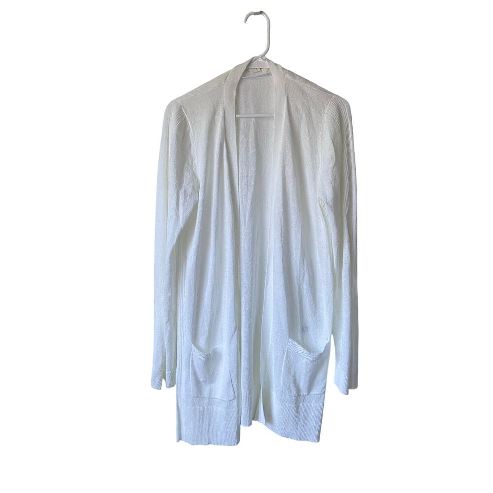 Fontabella White Open Front Longline Cardigan Sweater L Capsule Wardrobe Casual